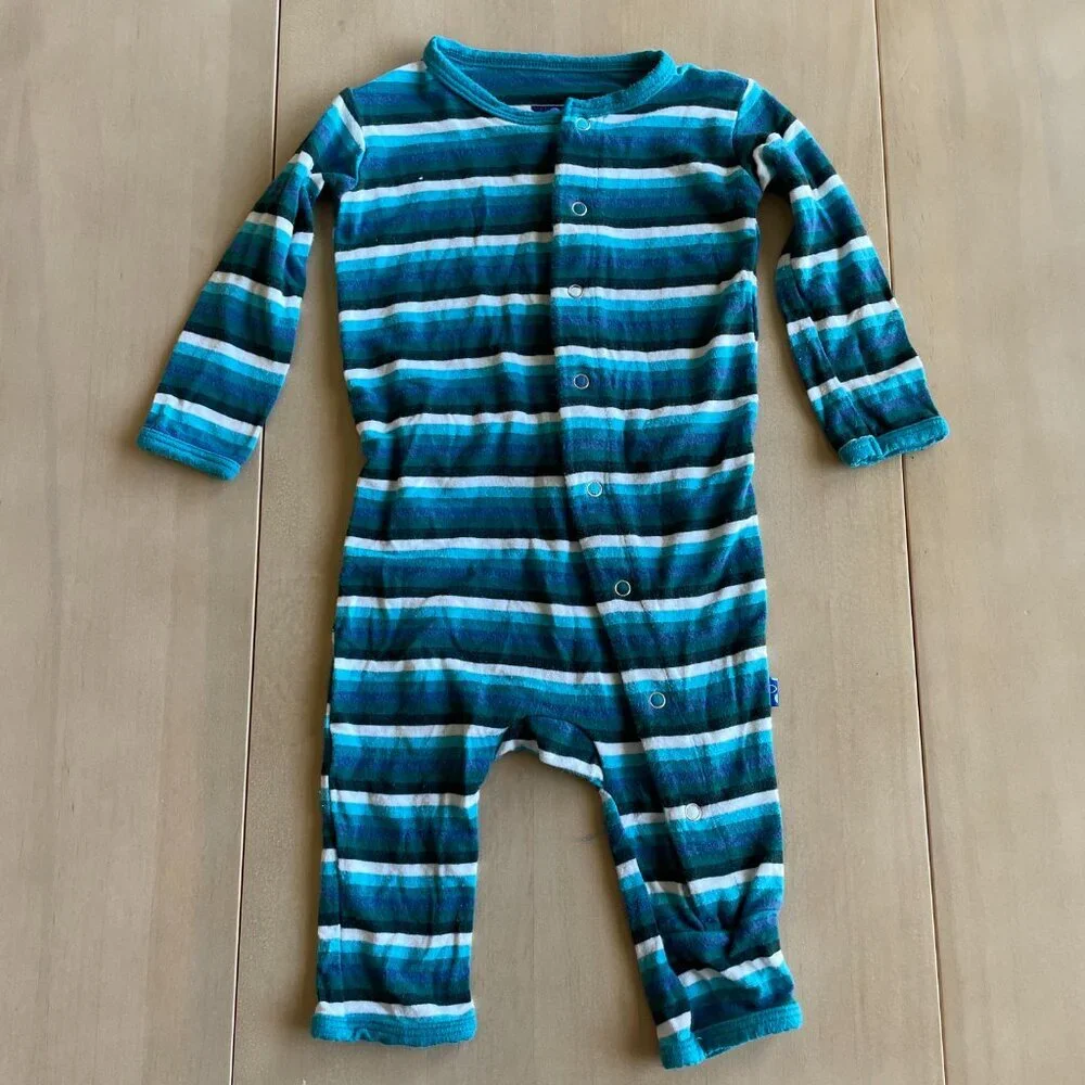 KicKee Pants Bamboo‎ Coverall w/ Snaps Romper PJs Outfit, Blue & White, 0-3 Mo.